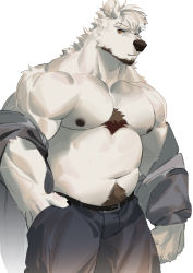 Rule 34 | 1boy, animal ears, bara, bear boy, bear ears, belly, black tank top, body fur, bulge, chest hair, cowboy shot, facial hair, furry, furry male, goatee, grey pants, highres, jacket, jacket partially removed, large pectorals, looking at viewer, male focus, mature male, muscular, muscular male, navel, navel hair, nipples, original, pants, pectorals, seato-hao, short hair, sideburns, snout, solo, stomach, tank top, thick eyebrows, thick thighs, thighs, topless male, white background, white fur