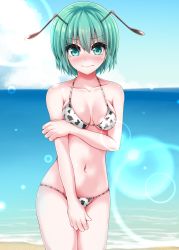 Rule 34 | 1girl, alternate costume, animal print, antennae, arm under breasts, bikini, blue sky, blush, breasts, closed mouth, cloud, commentary request, covering privates, covering crotch, cow print, cowboy shot, day, green eyes, green hair, hair between eyes, halterneck, highres, horizon, lens flare, looking at viewer, medium breasts, muki (munikichan), navel, nose blush, ocean, outdoors, print bikini, short hair, sky, solo, string bikini, swimsuit, touhou, water, wriggle nightbug