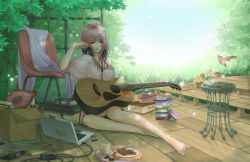 Rule 34 | 1girl, acoustic guitar, bad id, bad pixiv id, barefoot, bird, blue eyes, book, box, candy, cardboard box, chair, coffee mug, coffee table, computer, cup, day, female focus, flower, food, fork, guitar, headphones, highres, instrument, laptop, leaf, long hair, megurine luka, mug, outdoors, pen, pink hair, record, shirano (hiromaxi729), sitting, smile, solo, table, toenails, toes, usb, usb stick, vinyl, vocaloid