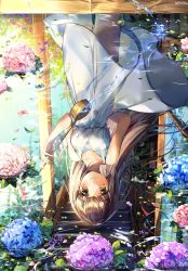 Rule 34 | 1girl, absurdres, artist name, blunt bangs, blush, brown eyes, brown hair, commentary request, day, dress, flower, flower on water, highres, hishaku, hydrangea, long hair, looking at viewer, mo:oku, original, petals, pouring, reflection, ripples, sky, smile, solo, standing, summer, sundress, upside-down, water, white dress