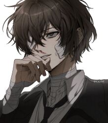 Rule 34 | 1boy, bandage on face, bandage on neck, bandage over one eye, bandaged arm, bandaged neck, bandages, black hair, black necktie, black suit, bungou stray dogs, collared shirt, dazai osamu (bungou stray dogs), formal, highres, m m pb, necktie, parted lips, shirt, short hair, solo, suit, upper body, white background