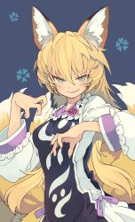 Rule 34 | 1girl, absurdres, ahoge, alternate eye color, alternate hairstyle, animal ears, blonde hair, blue background, blue tabard, blush, breasts, brooch, cherry blossom print, claw pose, commentary, constricted pupils, dress, fighting stance, fingernails, floral print, forehead, fox ears, fox girl, fox tail, frills, green eyes, grin, hair up, half-closed eyes, hands up, highres, jewelry, long fingernails, long sleeves, looking at viewer, morino hon, multiple tails, naughty face, no headwear, ponytail, puffy long sleeves, puffy sleeves, purple ribbon, raised eyebrow, ribbon, sharp fingernails, sharp teeth, short hair, signature, simple background, sleeve cuffs, small breasts, smile, smirk, solo, symbol-only commentary, tabard, tail, teeth, touhou, upper body, white dress, yakumo ran