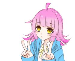 Rule 34 | 1girl, :o, ahoge, blue jacket, blunt bangs, blunt ends, blush, bow, bowtie, commentary request, double v, hands up, hood, hooded jacket, jacket, llhm09, long sleeves, looking at viewer, love live!, love live! nijigasaki high school idol club, pink hair, shirt, short hair, sidelocks, solo, tennoji rina, upper body, v, white background, white shirt, wing collar, yellow bow, yellow bowtie, yellow eyes