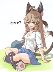 Rule 34 | 1girl, :3, :d, alternate costume, animal ear fluff, animal ears, animal hands, arm support, bag, black socks, blue skirt, brown hair, cat ears, cat feet, cat girl, cat paws, cat tail, collared shirt, commentary request, contemporary, genshin impact, green eyes, hair between eyes, hair ornament, hairclip, highres, indian style, kirara (genshin impact), kneehighs, kyaong, long hair, looking at viewer, multiple tails, nekomata, open mouth, pleated skirt, school bag, school uniform, shirt, short sleeves, sidelocks, simple background, sitting, skirt, smile, socks, solo, tail, translation request, two tails, white shirt, x hair ornament