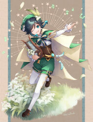 Rule 34 | 1boy, :d, beret, black hair, blue eyes, blue hair, border, braid, brown border, brown corset, brown footwear, cape, center frills, collared shirt, corset, flower, foot up, frilled shirt, frills, genshin impact, gradient hair, green cape, green hat, green shorts, hair between eyes, hair flower, hair ornament, hat, head tilt, highres, holding, holding instrument, instrument, kinatsu k, layered clothes, loafers, long hair, long sleeves, looking at viewer, lyre, male focus, multicolored hair, one eye closed, open hand, open mouth, outstretched arm, pants, pillarboxed, puffy shorts, shirt, shoes, shorts, sidelocks, signature, smile, solo, swept bangs, trap, twin braids, two-sided cape, two-sided fabric, venti (genshin impact), white flower, white pants, white shirt, yellow cape