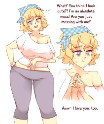 Rule 34 | 1girl, aged up, bare shoulders, blind, blonde hair, blue eyes, blush, breasts, covered erect nipples, curvy, english text, head scarf, katawa shoujo, large breasts, looking at viewer, mature female, off shoulder, pants, rtil, satou lilly, shirt, short hair, simple background, smile, solo, white background