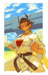Rule 34 | 1girl, a tai, absurdres, antenna hair, belt, black belt, black hair, blue eyes, breasts, chest sarashi, choker, cleavage, clenched hands, cropped legs, dated commentary, day, dougi, fighting stance, grass, highres, karate gi, large breasts, looking at viewer, makoto (street fighter), martial arts belt, outdoors, pout, ribbon choker, sarashi, short hair, solo, street fighter, street fighter iv (series), sweat, tomboy, underboob, veins, veiny arms, yellow choker