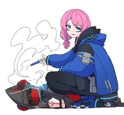 Rule 34 | 1girl, 1other, arknights, black pants, blue eyes, blue footwear, blue jacket, blue poison (arknights), censored, character request, dr yamero, highres, holding, holding syringe, hood, hood down, hooded jacket, jacket, mosaic censoring, pants, pink hair, syringe, white background
