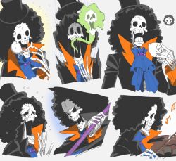 Rule 34 | afro, ascot, black hair, black headwear, blue ascot, bone, brook (one piece), cup, drink, eating, expressions, fighting stance, ghost, giving up the ghost, hand up, hat, highres, holding, holding instrument, holding violin, holding weapon, instrument, long sleeves, male focus, multiple views, music, one piece, open mouth, playing instrument, qin (7833198), scared, skeleton, skull, violin, weapon, white background