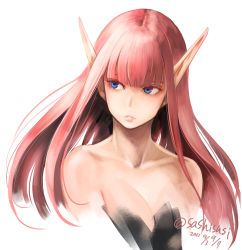 Rule 34 | 1girl, 2021, blue eyes, breasts, cleavage, collarbone, cropped torso, floating hair, long hair, looking to the side, original, parted lips, pink hair, pointy ears, simple background, solo, straight hair, sushi (sashimise), twitter username, upper body, very long hair, white background