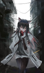 Rule 34 | 1girl, absurdres, animal ears, arknights, black gloves, black hair, black pantyhose, black shirt, black sleeves, brown eyes, cigarette, closed mouth, coat, commentary, cowboy shot, fur-trimmed coat, fur trim, gloves, highres, holding, holding cigarette, huge filesize, jenmin12, pantyhose under shorts, official alternate costume, outdoors, pantyhose, red eyes, red gloves, shirt, shorts, smoking, solo, sword, texas (arknights), texas (winter messenger) (arknights), two-tone gloves, weapon, white coat, white shorts, winter clothes, winter coat, wolf ears, wolf girl