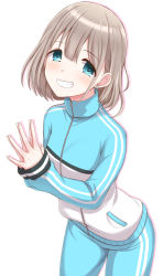 Rule 34 | 1girl, blue eyes, blunt bangs, blush, commentary request, cowboy shot, dan (orange train), ear piercing, flat chest, grey hair, grin, idolmaster, idolmaster shiny colors, jacket, long sleeves, looking at viewer, own hands together, pants, piercing, serizawa asahi, short hair, simple background, sleeves past wrists, smile, solo, standing, track jacket, track pants, white background, zipper