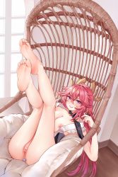 Rule 34 | 1girl, absurdres, animal ears, ass, bare arms, bare legs, bare shoulders, barefoot, breasts, butt plug, censored, cleavage, feet, feet up, fox ears, genshin impact, highres, icons (1452697582), japanese clothes, jewel butt plug, legs up, long hair, looking at viewer, miko, nipples, panties, pink hair, purple eyes, pussy, sex toy, soles, solo, toes, underwear, white panties, wide sleeves, yae miko