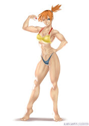 Rule 34 | 1girl, adapted costume, alan campos, barefoot, bikini, blue eyes, breasts, cleavage, creatures (company), elee0228, game freak, gym leader, hand on own hip, highleg, highleg bikini, highleg swimsuit, highres, holding, holding poke ball, misty (pokemon), muscular, navel, nintendo, orange hair, poke ball, pokemon, short hair, side ponytail, solo, swimsuit, thick thighs, thighs, toes, toned