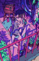 Rule 34 | 1girl, absurdres, alternate hairstyle, balcony, black shorts, boombox, braid, collarbone, commentary, earrings, english commentary, grey footwear, grey shirt, hanabushi, hand on own foot, highres, jewelry, leaf, looking at viewer, medium hair, multicolored hair, nira-chan, official art, pillow, pink hair, plant, potted plant, print shirt, purple eyes, purple hair, sandals, shirt, shorts, single sandal, solo, stool, tongue, tongue out, twin braids, two-tone hair, v, washing machine, zutto mayonaka de ii no ni