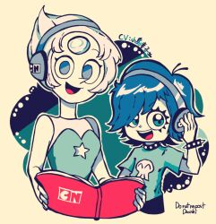 Rule 34 | 2girls, artist name, book, bracelet, breasts, cartoon network, collar, company connection, crossover, danishi, eyeliner, forehead jewel, hair over one eye, headphones, hi hi puffy amiyumi, highres, holding, holding book, jewelry, limited palette, logo, makeup, multiple girls, open mouth, pearl (steven universe), shirt, short hair, signature, small breasts, smile, spiked bracelet, spiked collar, spikes, star (symbol), steven universe, t-shirt, translated, upper body, voice actor connection, yumi yoshimura