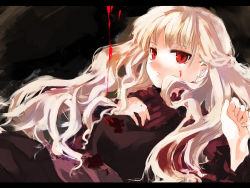 Rule 34 | bad id, bad pixiv id, blood, blood on face, blood stain, letterboxed, long hair, lying, red eyes, shunsei (muratou), silver hair, solo, very long hair