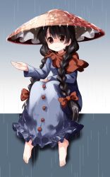 Rule 34 | 1girl, barefoot, black hair, blue background, blue dress, braid, breasts, brown eyes, buttons, closed mouth, dress, feet, frilled dress, frills, full body, gradient background, hand on own knee, hat, highres, jizou, large hat, long hair, long sleeves, looking at viewer, outstretched hand, rain, ribbon, rice hat, ruu (tksymkw), sitting, small breasts, smile, solo, toes, touhou, twin braids, twintails, very long hair, wet, wet clothes, wet dress, wet hair, wet hat, yatadera narumi