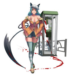 Rule 34 | 1girl, animal ears, blood, blood splatter, blue hair, bra, breasts, cleavage, collarbone, demon girl, demon horns, demon tail, earrings, full body, grey eyes, grey thighhighs, hands in pockets, hat, highres, horns, jacket, jewelry, kouno (masao), large breasts, lips, long hair, long sleeves, off shoulder, one eye closed, open clothes, open jacket, original, phone booth, pink bra, scythe, shorts, solo, strap slip, striped clothes, striped thighhighs, tail, thighhighs, thighs, toeless legwear, toes, underwear, white background, zipper