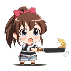 Rule 34 | 1girl, :o, blue eyes, blue shorts, blush, bow, brown footwear, brown hair, chibi, commentary, food, frying pan, full body, hair between eyes, hair bow, high ponytail, holding, holding frying pan, idolmaster, idolmaster million live!, lielos, long hair, looking away, open mouth, ponytail, red bow, satake minako, shadow, shirt, shoes, shorts, sidelocks, solo, standing, striped clothes, striped shirt, sweat, white background