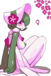 Rule 34 | 1girl, blush, bonnet, breasts, breasts out, colored skin, creatures (company), dress, female focus, flower, game freak, gardevoir, gen 3 pokemon, green hair, hair over one eye, highres, icypinkflame, large breasts, lips, nintendo, nipples, pokemon, pokemon (creature), pokemon unite, red eyes, shiny clothes, shiny skin, short hair, solo, thick thighs, thighs, white background, white dress, white skin