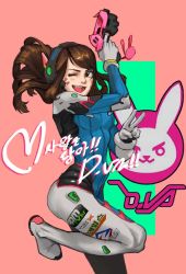 Rule 34 | 1girl, ;d, animal print, armor, artist name, bodysuit, boots, bracer, breasts, brown eyes, brown hair, character name, charm (object), d.va (overwatch), emblem, facepaint, facial mark, finger on trigger, full body, gloves, gun, hand up, handgun, headphones, holding, holding gun, holding weapon, hong doo, korean text, logo, long hair, long sleeves, looking at viewer, mecha, medium breasts, one eye closed, open mouth, overwatch, overwatch 1, pauldrons, pilot suit, rabbit print, ribbed bodysuit, robot, shoulder armor, shoulder pads, signature, smile, solo, standing, standing on one leg, text focus, thigh boots, thigh strap, thighhighs, turtleneck, v, weapon, whisker markings, white footwear, white gloves