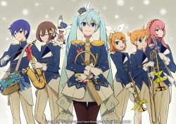 Rule 34 | 1other, 2boys, 4girls, aqua eyes, aqua hair, band uniform, beamed sixteenth notes, black legwear, blonde hair, blue eyes, blue hair, blue jacket, bow, brown eyes, brown hair, closed mouth, commentary request, crypton future media, drum, drumsticks, eighth note, epaulettes, feet out of frame, flute, french horn, gloves, gold trim, hair bow, hair ornament, hairband, hairclip, hat feather, hatsune miku, holding, holding drumsticks, holding instrument, horn (instrument), instrument, jacket, japanese clothes, kagamine len, kagamine rin, kaito (vocaloid), long hair, looking at viewer, megurine luka, meiko, meiko (vocaloid), miko, multiple boys, multiple girls, musical note, official art, one eye closed, open mouth, pants, pantyhose, piapro, pink hair, pleated skirt, rabbit yukine, saxophone, short hair, short ponytail, skirt, smile, snowflakes, snowing, sohin, spiked hair, standing, swept bangs, tassel, trombone, trumpet, twintails, very long hair, vocaloid, white bow, white gloves, white pants, white skirt, yuki kaito, yuki len, yuki luka, yuki meiko, yuki miku, yuki miku (2020), yuki rin