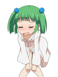 Rule 34 | 1girl, beads, blunt bangs, cato (monocatienus), closed eyes, collarbone, commentary, exhausted, feet out of frame, green hair, hair beads, hair ornament, japanese clothes, kimono, kisume, knees together feet apart, leaning forward, open mouth, short hair, simple background, solo, sweat, touhou, twintails, white background, white kimono