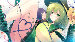 Rule 34 | 1girl, ass, bare legs, blush, bow, commentary request, frills, gengetsu chihiro, green eyes, green hair, green skirt, hair between eyes, hat, hat bow, heart, heart of string, highres, holding, knees up, komeiji koishi, long sleeves, looking at viewer, miniskirt, parted lips, petticoat, shirt, short hair, sitting, skirt, solo, third eye, touhou, water, wide sleeves, yellow bow, yellow shirt