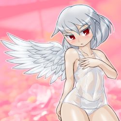Rule 34 | 1girl, :o, angel wings, arm at side, bare arms, bare shoulders, blush, braid, collarbone, covered navel, covering privates, covering breasts, cowboy shot, feathered wings, floral background, flower, french braid, hair between eyes, hand up, kishin sagume, looking at viewer, one-piece swimsuit, open mouth, pink background, red eyes, school swimsuit, shiny skin, single wing, solo, swimsuit, thick thighs, thighs, touhou, tsurime, white hair, white one-piece swimsuit, white school swimsuit, white wings, wings, winn