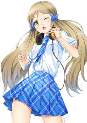 Rule 34 | 10s, 1girl, bow, checkered bow, checkered clothes, cowboy shot, handa roco, headphones, headphones around neck, idolmaster, idolmaster million live!, long hair, miri (ago550421), necktie, one eye closed, open mouth, plaid, plaid skirt, pleated skirt, simple background, skirt, smile, solo, white background, yellow eyes