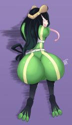 Rule 34 | 10s, 1girl, all fours, ass, asui tsuyu, back, bent over, boku no hero academia, feet, female focus, frog girl, goggles, highres, hip focus, huge ass, l-a-v, long hair, looking at viewer, looking back, purple background, simple background, solo, spandex, thick thighs, thighs, tongue, tongue out, very long hair, wide hips