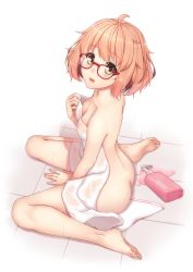 Rule 34 | 10s, 1girl, ahoge, ass, back, barefoot, blush, bob cut, breasts, brown hair, covered erect nipples, covering privates, feet, from above, glasses, highres, kuriyama mirai, kyoukai no kanata, looking at viewer, looking up, naked towel, nipples, nude cover, open mouth, red-framed eyewear, see-through, short hair, simple background, sitting, small breasts, solo, terras, towel, wariza, wet, yellow eyes