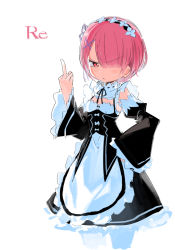 Rule 34 | 1girl, angry, apron, backlighting, contrapposto, copyright name, cowboy shot, cropped legs, detached sleeves, dot nose, dress, female focus, frilled apron, frills, from side, hair ornament, hair over one eye, hairband, hand on own hip, hand up, highres, kokaki mumose, long sleeves, looking at viewer, maid, maid headdress, matching hair/eyes, middle finger, parted bangs, parted lips, pink eyes, pink hair, profanity, ram (re:zero), re:zero kara hajimeru isekai seikatsu, short hair, simple background, solo, tsurime, v-shaped eyebrows, white apron, white background, white legwear, wide sleeves, x hair ornament