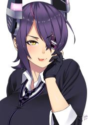 Rule 34 | 10s, 1girl, checkered clothes, checkered necktie, checkered neckwear, eyepatch, gloves, hand on own face, highres, kantai collection, necktie, personification, purple hair, short hair, signature, simple background, solo, tenryuu (kancolle), tongue, yellow eyes, zonda (solid air)