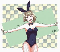 Rule 34 | 1girl, absurdres, animal ears, artist name, artist request, bare legs, bare shoulders, black bow, black leotard, blush, bow, bowtie, breasts, brown hair, cleavage, collarbone, female focus, fishnet legwear, fishnets, grey hair, hair bow, highres, leotard, light brown hair, looking at viewer, love live!, love live! nijigasaki high school idol club, nakasu kasumi, nefielia, outstretched arms, parted lips, pink eyes, playboy bunny, purple eyes, rabbit ears, short hair, small breasts, smile, solo, spread arms, white wrist cuffs, wing collar, wrist cuffs