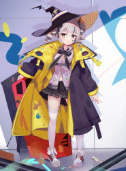 Rule 34 | 1girl, :i, absurdres, black coat, black hat, black skirt, bow, bowtie, bronya zaychik, closed mouth, coat, dirty, dirty clothes, dirty face, drill hair, full body, graffiti, grey eyes, grey hair, hair between eyes, hat, highres, holding, honkai (series), honkai impact 3rd, long sleeves, looking at viewer, messy, navel, paint, paint splatter, red footwear, shadow, shirt, shoes, skirt, sneakers, solo, standing, thighhighs, twin drills, white shirt, white thighhighs, witch hat, zettai ryouiki, zhongwu chahui