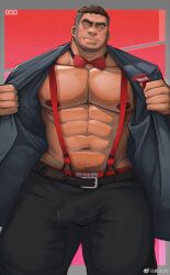 Rule 34 | 1boy, abs, averting eyes, bara, bare pectorals, beard stubble, bow, bowtie, bulge, covered penis, dark-skinned male, dark skin, erection, erection under clothes, facial hair, feet out of frame, groin, highres, jacket, large areolae, large pectorals, male focus, male underwear, male underwear peek, mature male, muscular, muscular male, mustache stubble, navel, navel hair, nipples, no shirt, open clothes, open jacket, original, pectorals, precum, precum through clothes, red bow, red bowtie, short hair, shy, solo, sparse chest hair, stomach, strongman waist, stubble, suit jacket, superman exposure, thick eyebrows, thick thighs, thighs, underwear, weisun (leoooliooon)