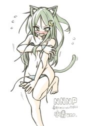 Rule 34 | 1girl, animal ears, barefoot, bikini, blush, cat ears, cat tail, covering privates, covering breasts, covering crotch, crescent, crescent hair ornament, feet out of frame, flying sweatdrops, green bikini, green eyes, green hair, groin, hair ornament, highres, kantai collection, long hair, nagatsuki (kancolle), navel, nose blush, solo, standing, standing on one leg, swimsuit, tail, tatahai, untied bikini, wardrobe malfunction