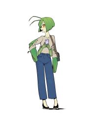 Rule 34 | 1girl, :d, antennae, arthropod girl, black footwear, blue pants, blush, bob cut, cellphone, colored sclera, colored skin, contrapposto, denim, extra hands, full body, green hair, grey sweater, hand on own hip, highres, holding, holding phone, inverted bob, jeans, korean commentary, mantis-chan (sparrowl), mantis girl, monster girl, open mouth, original, pants, phone, pigeon-toed, shoes, short hair, simple background, smartphone, smile, solo, sparrowl, sweater, white background, yellow eyes, yellow sclera, yellow skin