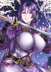 Rule 34 | 1girl, armor, bodysuit, breasts, cherry blossoms, cowboy shot, fate/grand order, fate (series), hair between eyes, highres, holding, holding sword, holding weapon, japanese armor, katana, kote, large breasts, long hair, looking at viewer, minamoto no raikou (fate), nattapuumuu, petals, purple bodysuit, purple eyes, purple hair, smile, solo, sword, very long hair, weapon
