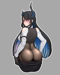 Rule 34 | 1girl, ass, ass focus, asymmetrical horns, bare shoulders, black hair, blue hair, blush, bodysuit, bodysuit under clothes, breasts, closed mouth, clothes pull, clothing cutout, colored inner hair, cooterzi, cowboy shot, cropped legs, dimples of venus, embarrassed, from behind, grey background, highres, hololive, hololive english, horns, huge ass, large breasts, long hair, long sleeves, looking at viewer, looking back, mole, mole under eye, multicolored hair, nerissa ravencroft, outline, pants, pants pull, pout, red eyes, shoulder cutout, simple background, solo, standing, two-tone hair, vest, virtual youtuber, white outline