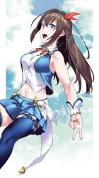Rule 34 | blue eyes, blue thighhighs, blue vest, brown hair, cropped shirt, cropped vest, hair flaps, hair ornament, hairclip, highres, hololive, leg ribbon, looking at viewer, mstm, navel, red ribbon, ribbon, shirt, skirt, sky, sleeveless, sleeveless shirt, smile, star (symbol), star hair ornament, thigh ribbon, thighhighs, thighs, tokino sora, tokino sora (1st costume), v, vest, virtual youtuber, waist cape, white shirt, zettai ryouiki