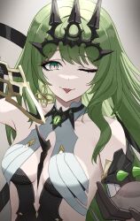 Rule 34 | absurdres, black gloves, breasts, closed mouth, commentary, earrings, gloves, green eyes, green hair, highres, honkai (series), honkai impact 3rd, jewelry, long hair, looking at viewer, medium breasts, mobius (honkai impact), one eye closed, sidelocks, simple background, smile, solo, symbol-only commentary, tongue, tongue out, umbsy gi, upper body