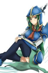 Rule 34 | 1girl, armor, blue armor, blush, breasts, fire emblem, fire emblem: path of radiance, green eyes, green hair, large breasts, long hair, matching hair/eyes, nephenee, nintendo, polearm, sitting, solo, spear, thighhighs, weapon