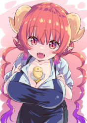 Rule 34 | 1girl, apron, between breasts, blue apron, blunt bangs, breasts, cleavage, commentary request, dragon girl, dragon horns, fangs, food, food between breasts, gradient hair, horns, ilulu (maidragon), kobayashi-san chi no maidragon, large breasts, long hair, looking at viewer, low twintails, multicolored hair, open mouth, pointy ears, purple hair, red eyes, red hair, sasorigatame, shirt, short sleeves, slit pupils, smile, solo, twintails, white shirt