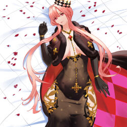Rule 34 | 1girl, absurdres, argyle cape, argyle clothes, azur lane, bed sheet, black cape, black dress, black gloves, breasts, brown hair, cape, cleavage, clemenceau (azur lane), closed mouth, collarbone, commentary, covered navel, cross, crown, dress, elbow gloves, fur-trimmed cape, fur trim, gloves, gold necklace, h0shiidesu, hair between eyes, hand up, highres, hip vent, jewelry, large breasts, long hair, looking at viewer, lying, necklace, on back, paid reward available, petals, red cape, red eyes, rose petals, shadow, sidelocks, smile, solo, strapless, strapless dress, tight clothes, tight dress, two-sided cape, two-sided fabric, two-tone cape, wristlet