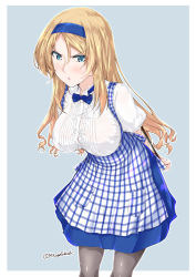 Rule 34 | 1girl, apron, arms behind back, black pantyhose, blonde hair, blouse, blue bow, blue bowtie, blue eyes, blush, bow, bowtie, breasts, hair between eyes, holding, kantai collection, kobeya, kobeya uniform, large breasts, long hair, looking at viewer, mikage takashi, nelson (kancolle), open mouth, outside border, pantyhose, plaid, plaid apron, shirt, signature, simple background, solo, taut clothes, taut shirt, waitress, white shirt