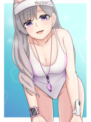 Rule 34 | 1girl, absurdres, blue background, breasts, cleavage, collarbone, competition swimsuit, cowboy shot, gradient background, grey hair, hair over shoulder, hands on own thighs, highres, idolmaster, idolmaster shiny colors, leaning forward, long hair, medium breasts, one-piece swimsuit, purple eyes, smile, solo, standing, swimsuit, tochika sukiyami, visor cap, watch, whistle, whistle around neck, white one-piece swimsuit, wristwatch, yukoku kiriko