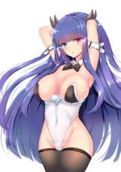 Rule 34 | 1girl, absurdres, arm strap, armpits, arms up, azur lane, black thighhighs, blue eyes, blue hair, blunt bangs, bow, bowtie, breasts, cleavage, covered navel, cowboy shot, detached collar, habu rin, heterochromia, highleg, highleg leotard, highres, horns, ibuki (azur lane), large breasts, leotard, long hair, looking at viewer, parted lips, red eyes, simple background, sleeveless, solo, thighhighs, white background, white leotard